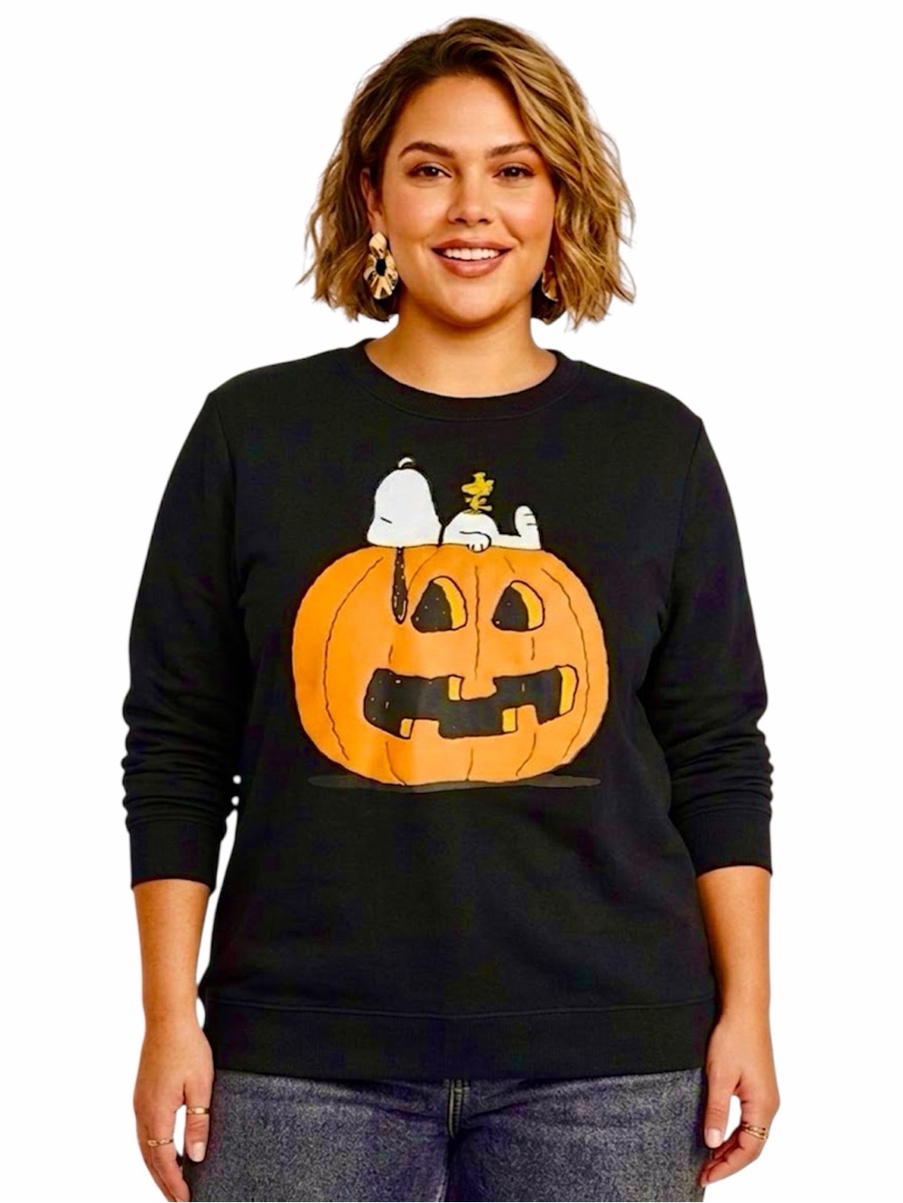 Peanuts Snoopy & Woodstock Pumpkin Sweatshirt Halloween Black Crewneck NWT 1X